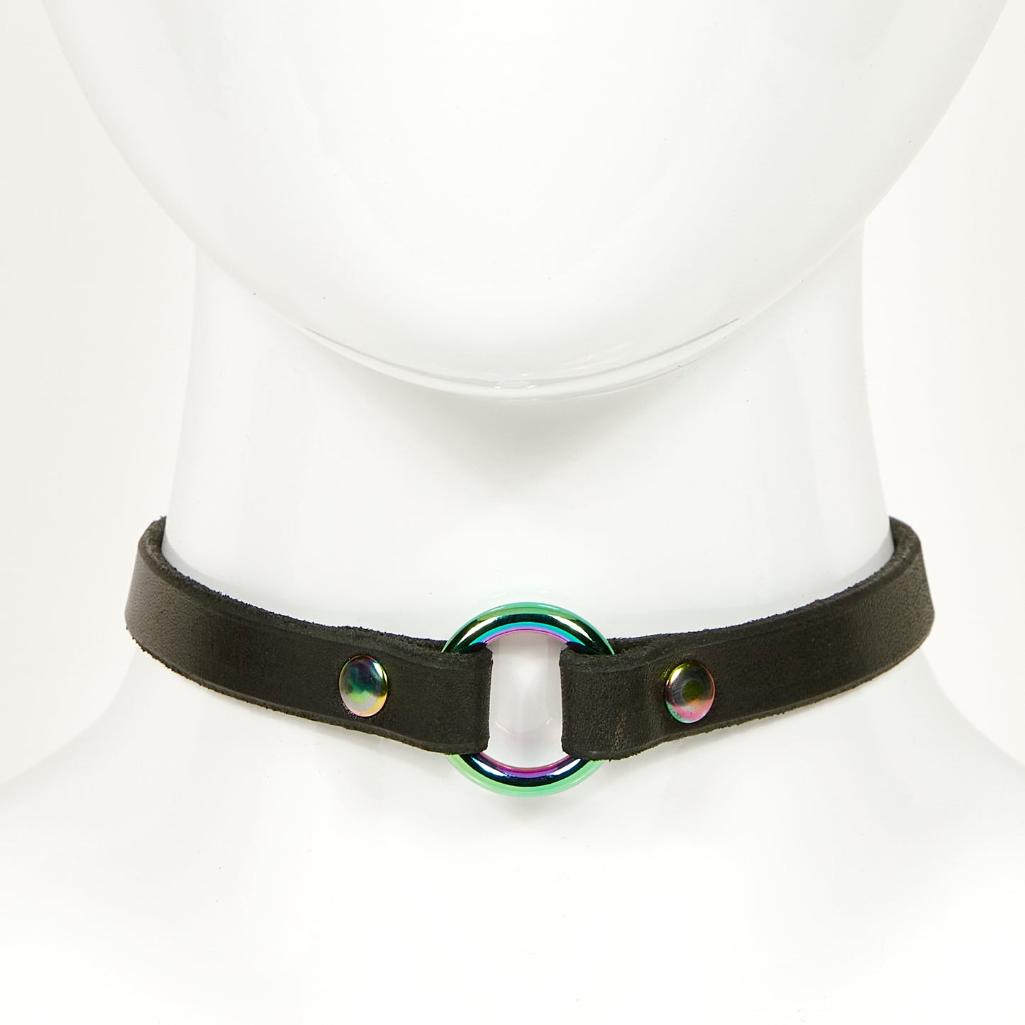 O-RING CHOKER SLIM front view of a black leather necklace with rainbow circular ring, attached with rainbow rivets
