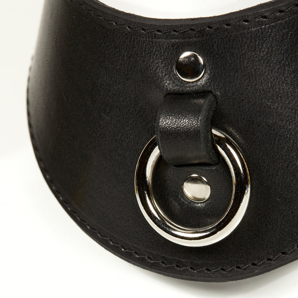 
                  
                    NAOMI COLLAR real close front view of black leather object with black stitched edges, silver o-ring suspended from a strap tucked into collar, riveted with silver hardware
                  
                