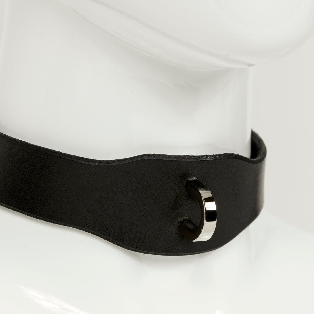 NINA COLLAR 3/4 close front view of medium width collar necklace in black leather with plain edges, accented with a silver d-ring 