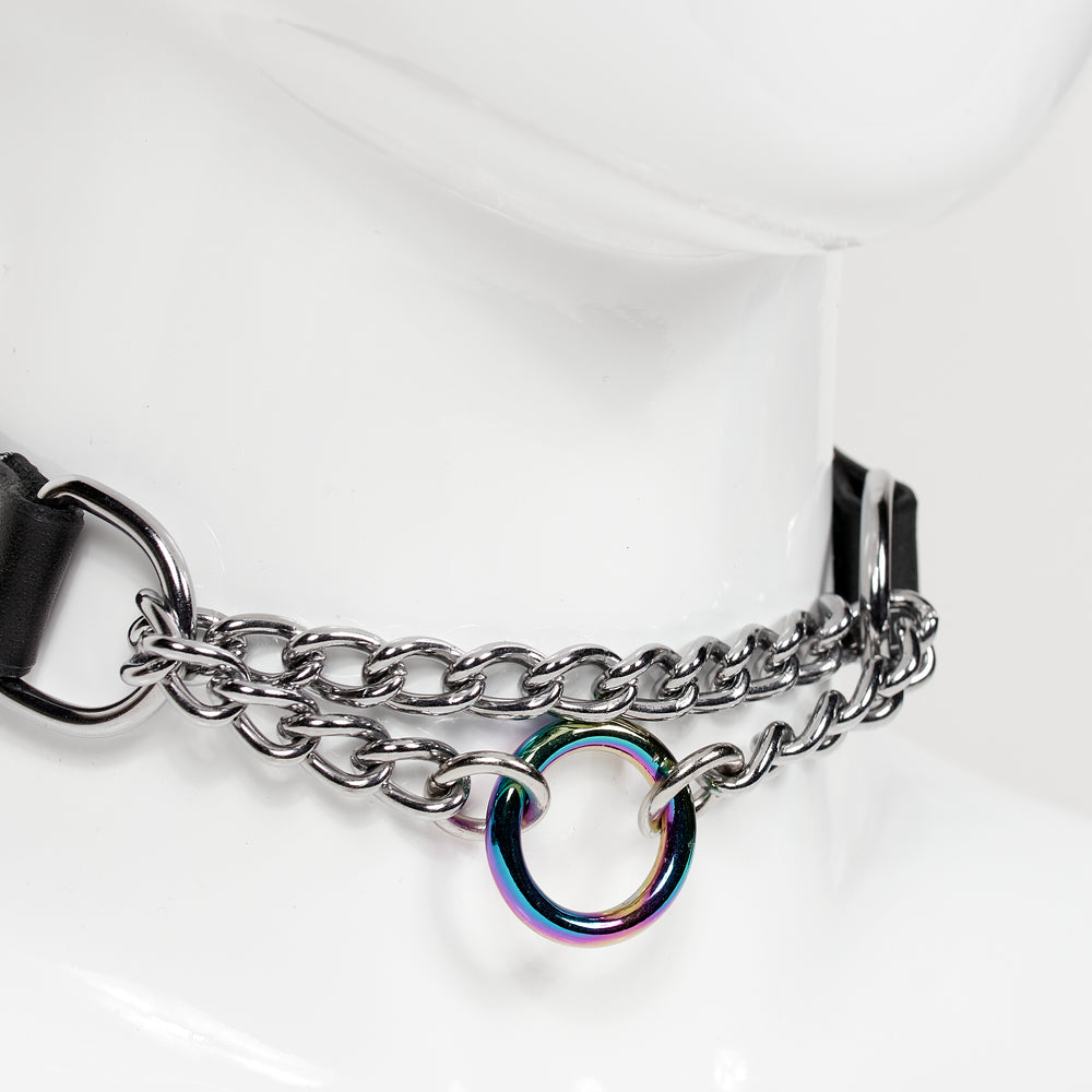 
                  
                    3/4 close front fiew of silver chainlink suspended between two d-rings, rainbow style o-ring as centerpiece of chainlink MARTINGALE
                  
                