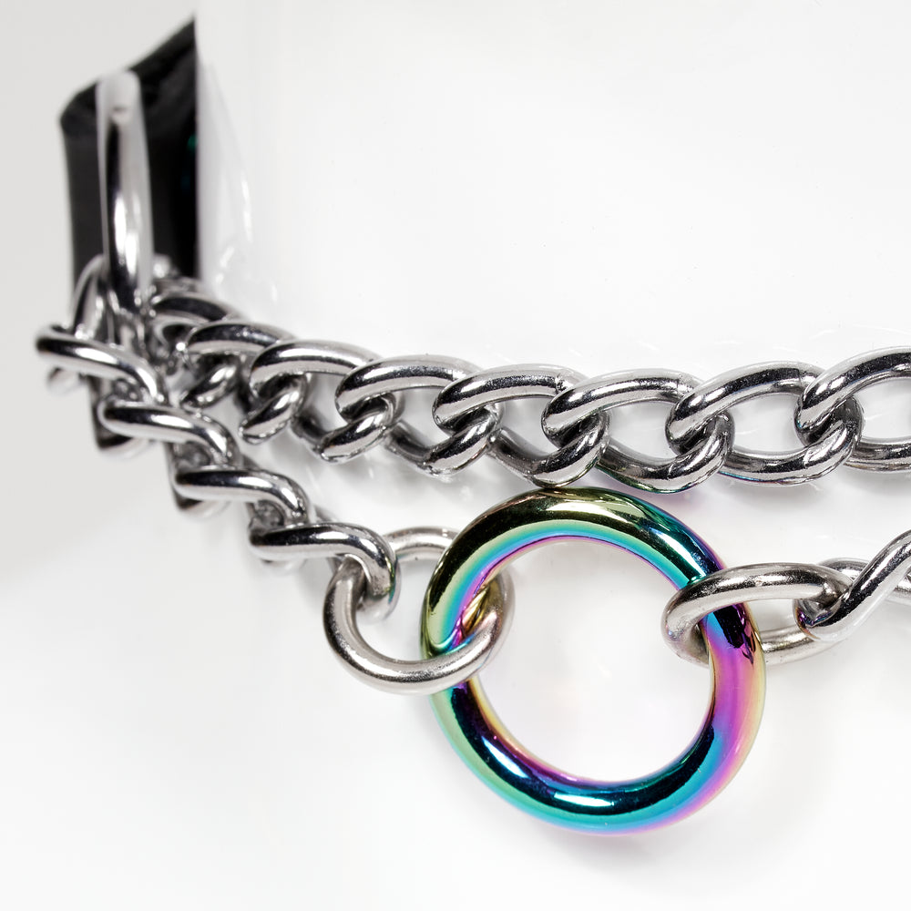 real close front fiew of silver chainlink, rainbow style o-ring as centerpiece of chainlink MARTINGALE