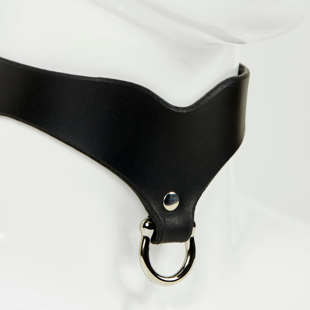 closeup front view of black curvy collar FREYA with bit-style d-ring in silver, rivited to bottom front of collar 