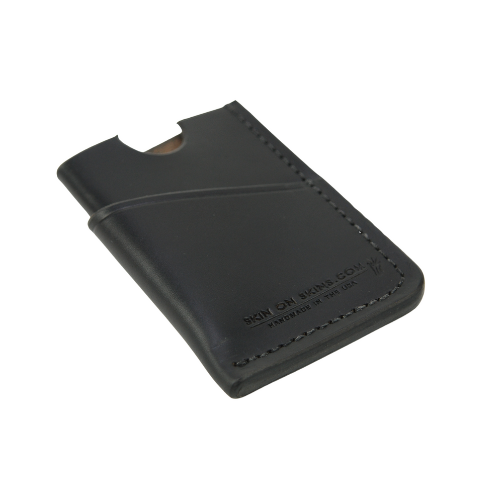 
                  
                    Front view of a rectangular wallet in a stylish, simple double-sleeve design, with debossed emblem, a black color base, and black surface color
                  
                