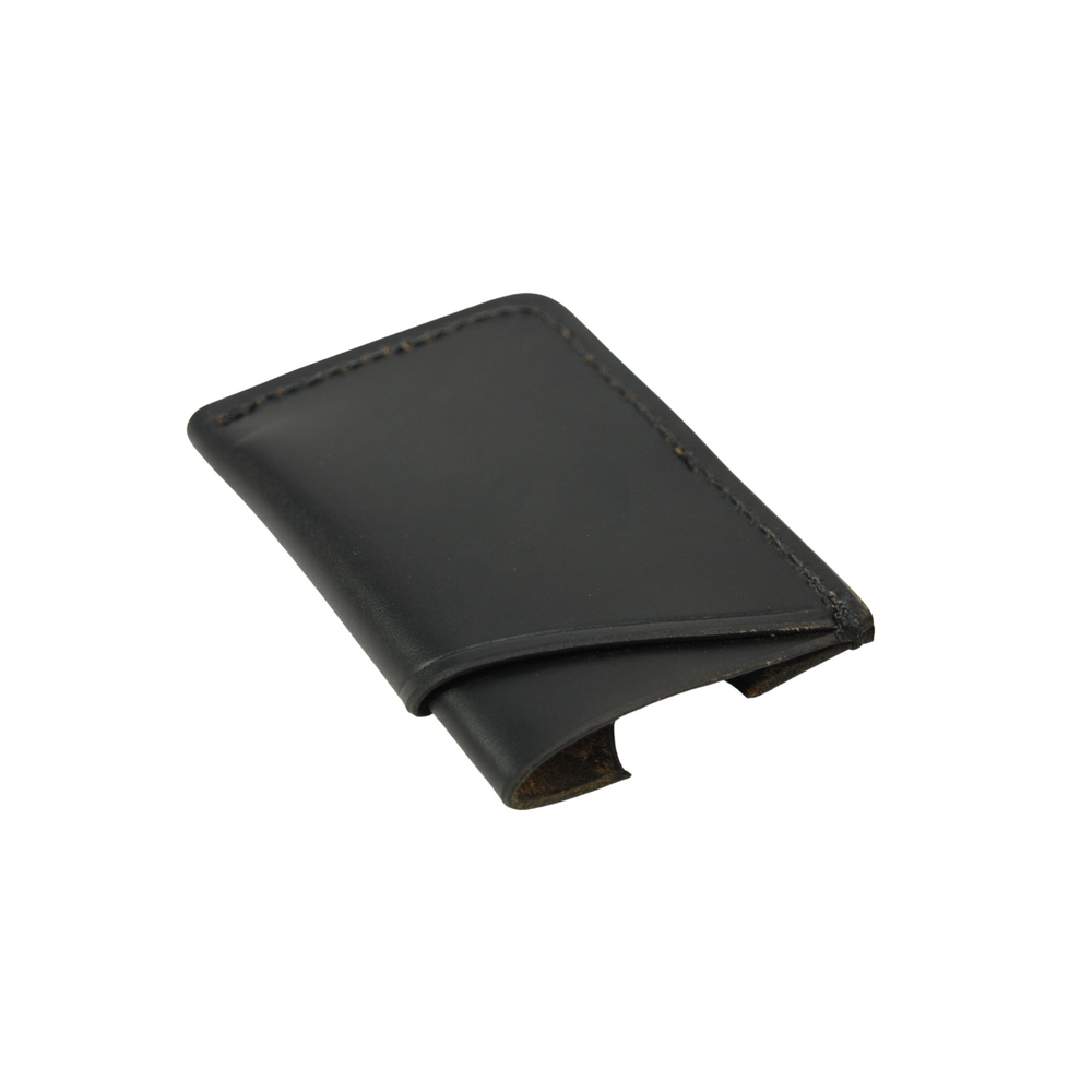 
                  
                    Rear upside down view of a rectangular wallet showing thumb cutout in a stylish, simple double-sleeve design, with a black color base, and black surface color
                  
                