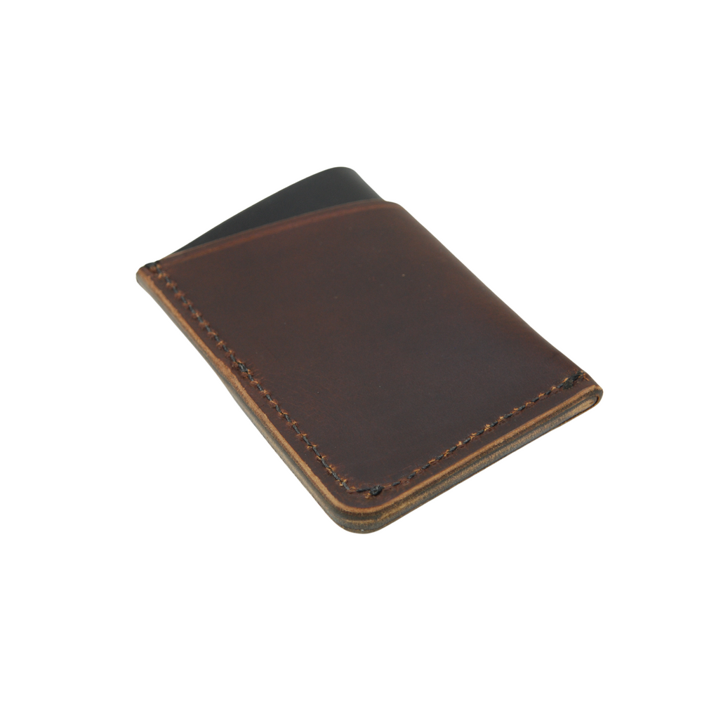 
                  
                    Rear view of a rectangular wallet in a stylish, simple double-sleeve design, with a black color base, and dark brown surface color
                  
                