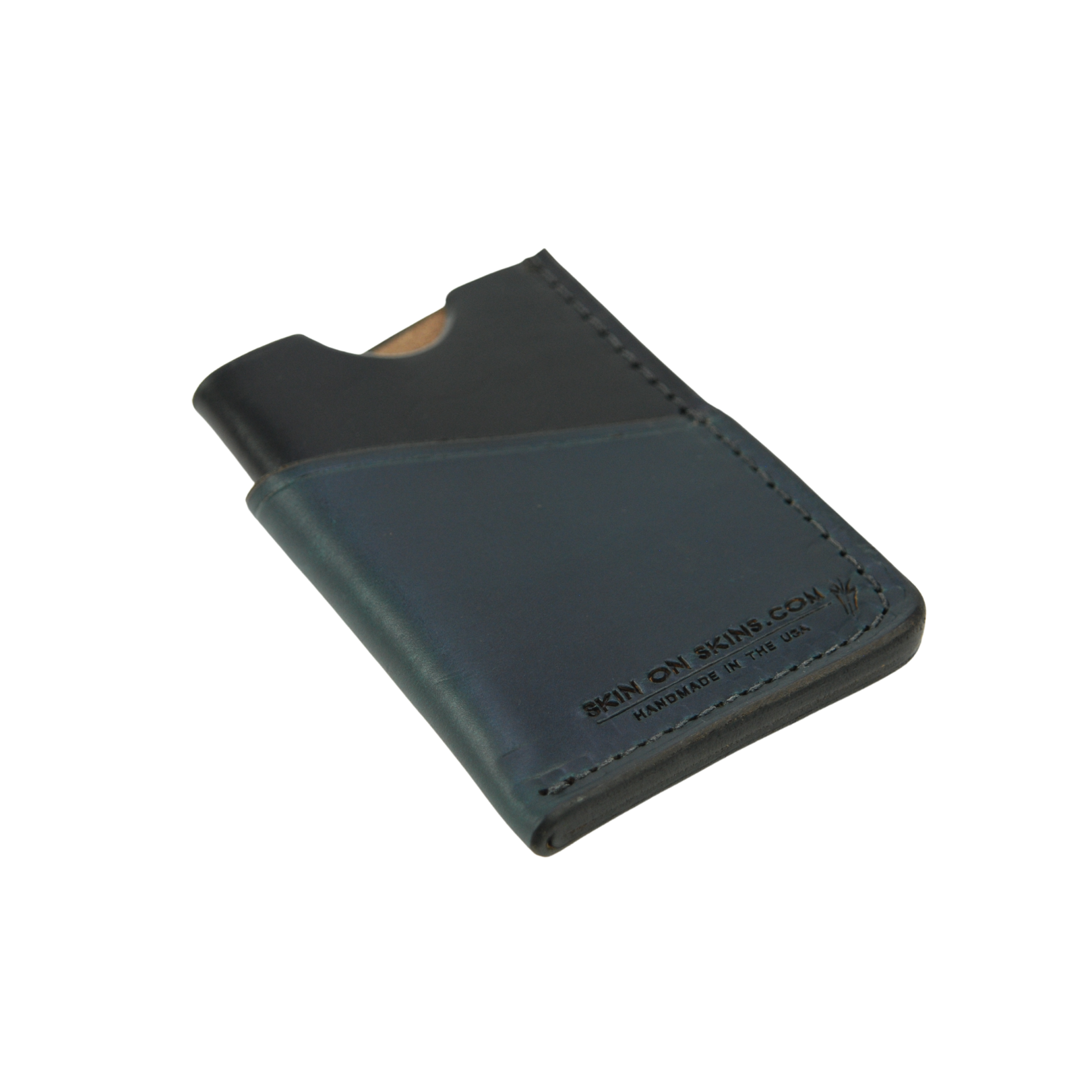Front view of a rectangular wallet in a stylish, simple double-sleeve design, with debossed emblem, a black color base, and dark blue surface color