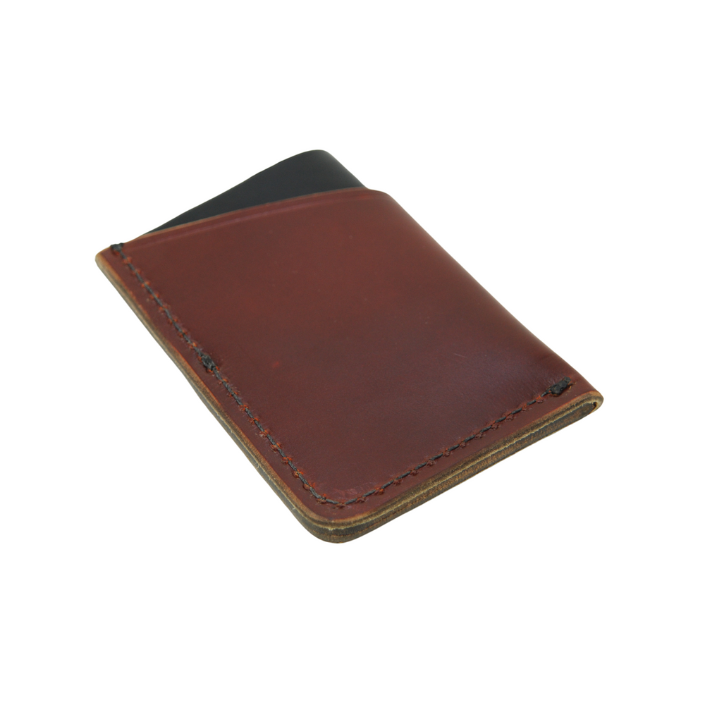
                  
                    Rear view of a rectangular wallet in a stylish, simple double-sleeve design, with a black color base, and reddish brown tanned surface color
                  
                